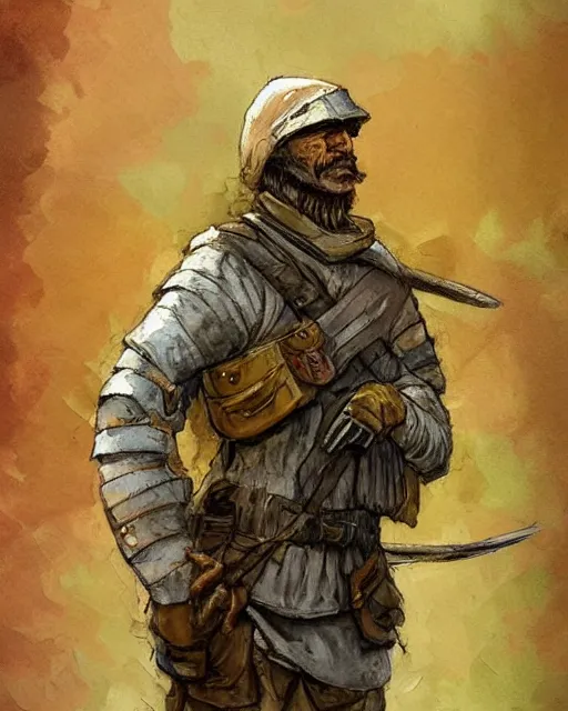 Image similar to a oil / watercolor painting full body character portrait of a homeless soldier / knight in the style of moebius in the style of leonard boyarsky trending on artstation deviantart pinterest detailed photorealistic highlights and shadow hd 8 k post - processing high resolution