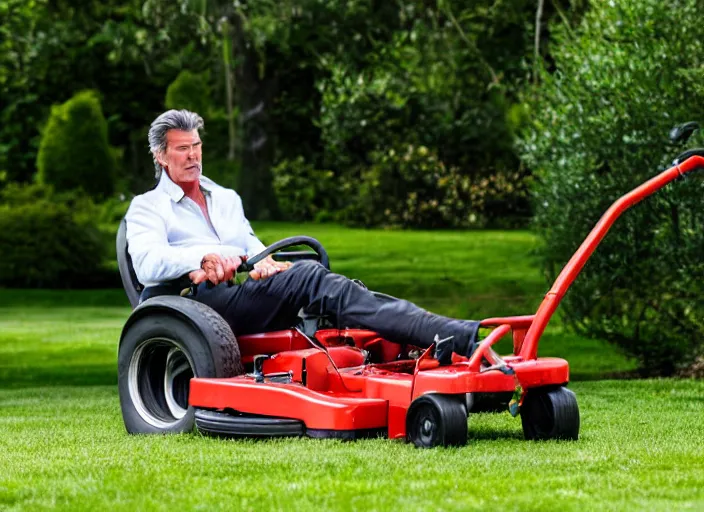 Image similar to pierce brosnan mowing the lawn, 8 k, 8 5 mm f 1. 8, studio lighting, rim light, right side key light