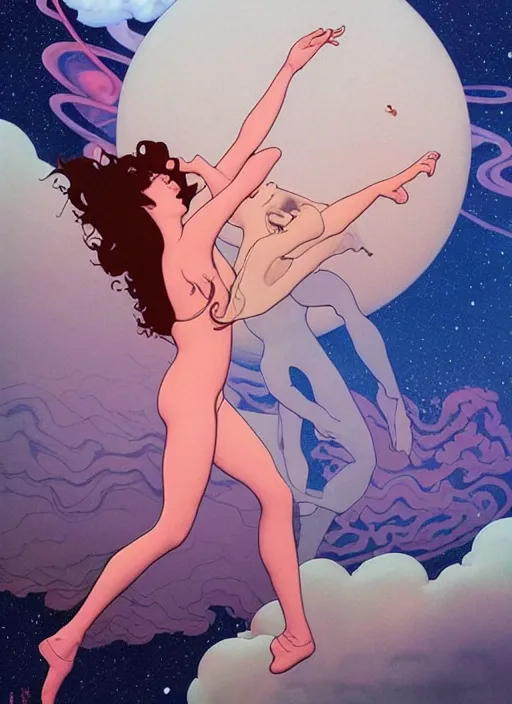 Image similar to poster artwork by michael whelan and tomer hanuka, a portrait of beautiful sensual dancing in the clouds of jupiter, clean