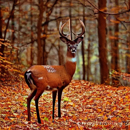 Image similar to found footage of an illustrious, colorful deer in an autumn forest, film grain, desaturated, cam corder footage