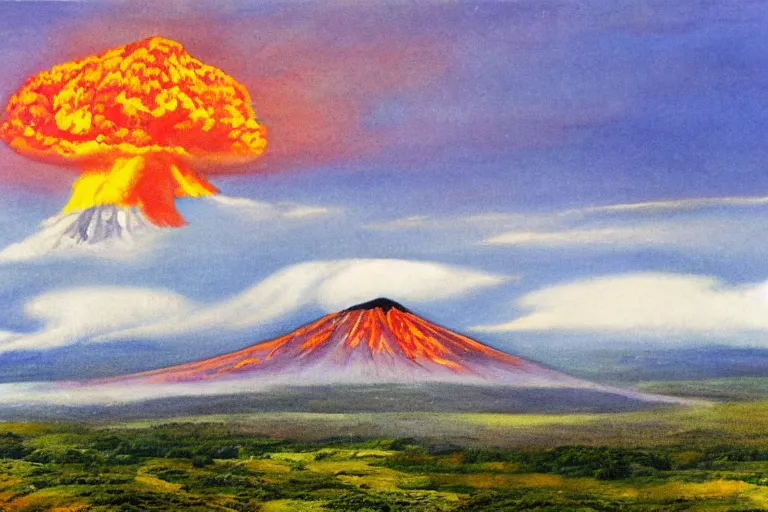 Prompt: peaceful sunny landscape with burning volcano in center and heavy thunderstorm above it by balaksas