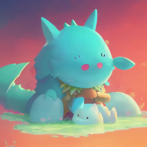 Prompt: cyan cute spirit axie pet hits by tail, fantasy, studio ghibli, clean cel shaded vector art, style artstation, style greg rutkowski, octane render, unreal engine 6, epic game graphics, fantasy, conceptual art, ray tracing