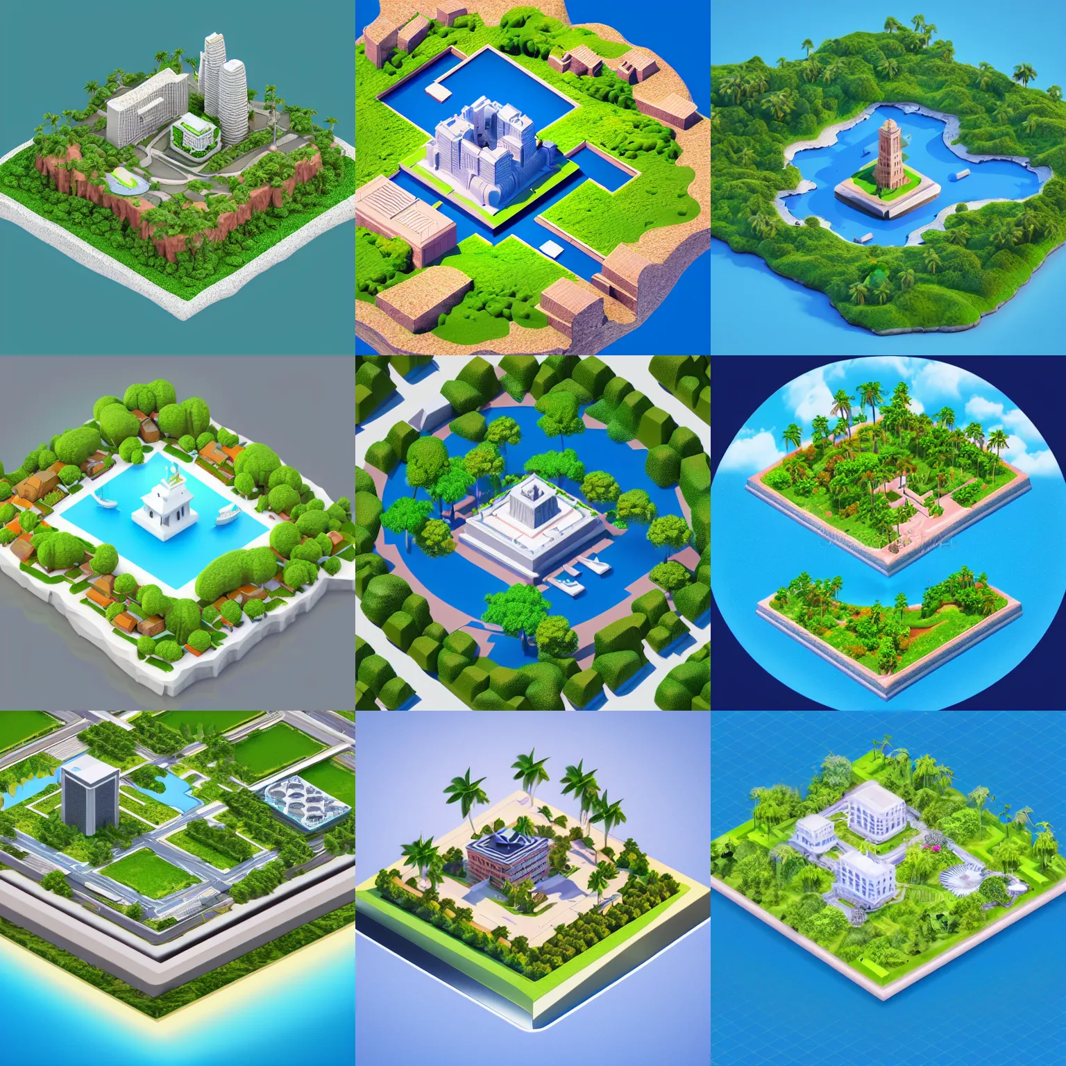 Prompt: isometric square 3d Render of island with big building on the center, island is on the center of an image, on the island there is city with animals, no background, medium poly, blender cycles render