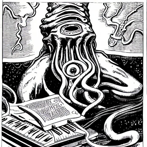 Image similar to cthulhu playing the synthesizer