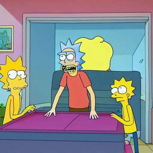 Image similar to Rick & Morty starring in the simpsons couch-gag