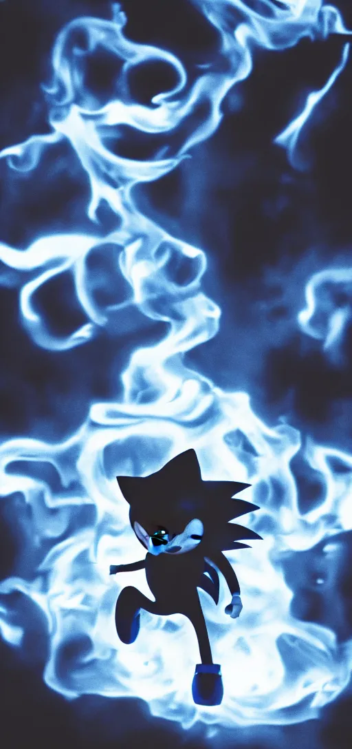 Prompt: Dark gray and blue smoke in the shape of Sonic the hedgehog, coming from a burning SEGA dreamcast. Dramatic shot, cinematic, epic lighting, low angle medium shot, 35mm