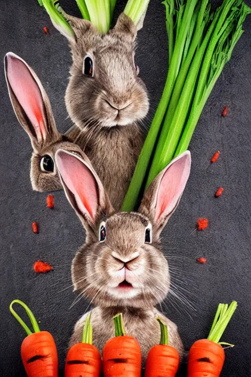 Image similar to portrait of rabbit, demon eyes, dracula fangs! haunted house, celery tomatoes carrots in background