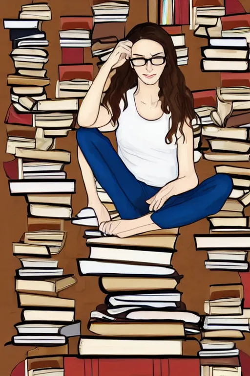 Prompt: a woman with light brown hair and glasses sits cross legged on top of a tall pile of books. she is reading. clean pretty cartoon painting, beautiful detailed face.