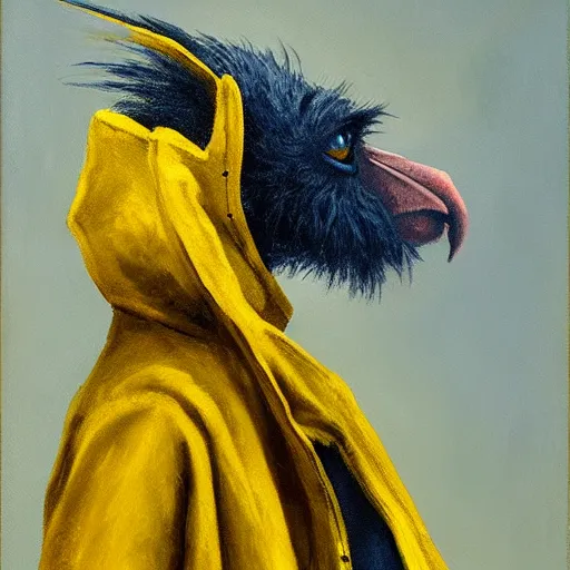 Prompt: long - eared monkey - crow creature wearing a raincoat, tonalist painting, prussian blue and azo yellow, dramatic lighting