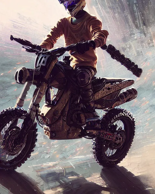 Prompt: beautiful blonde teenage boy wearing cyberpunk intricate streetwear riding dirt bike, beautiful, detailed portrait, cell shaded, 4 k, concept art, by wlop, ilya kuvshinov, artgerm, krenz cushart, greg rutkowski, pixiv. cinematic dramatic atmosphere, sharp focus, volumetric lighting, cinematic lighting, studio quality