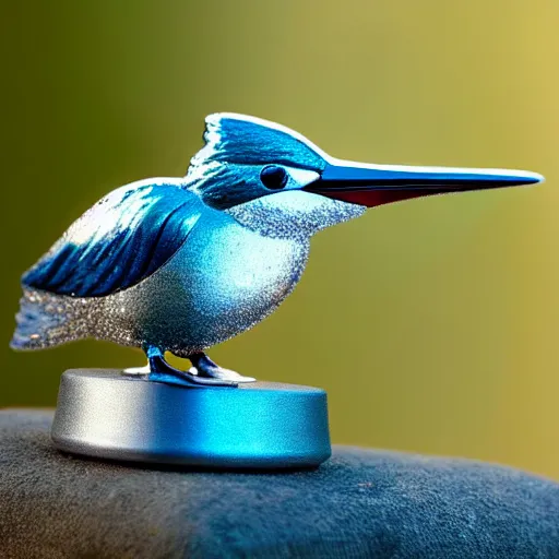 Image similar to a real life kingfisher made out of reflective crystal and very reflective polished metal, in the background is a forest, product photography