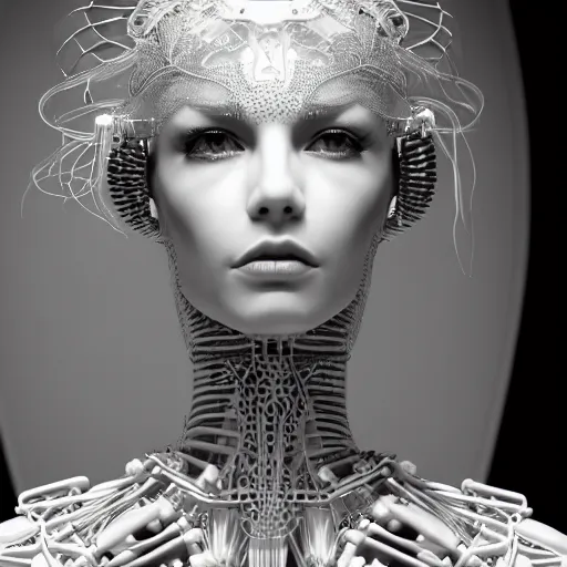 Image similar to closeup portrait of an absurdly beautiful, graceful, sophisticated, fashionable cyberpunk mechanoid gravure idol, an ultrafine hyperdetailed illustration by irakli nadar, matt wisniewski style, fashion photography, intricate linework, porcelain skin, jellyfish headdress, fractal ivory carved necklace, unreal engine 5 highly rendered, global illumination, radiant light, detailed and intricate environment