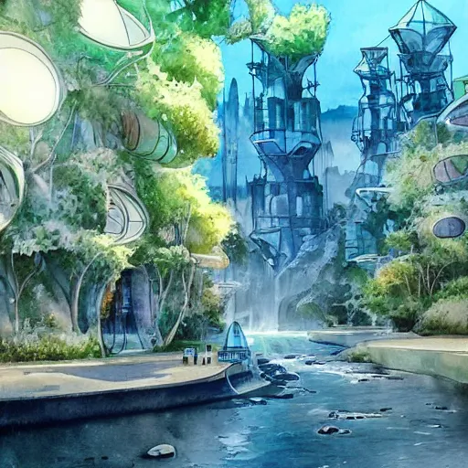 Image similar to Beautiful happy picturesque charming futuristic sci-fi town in harmony with nature. Beautiful light. Water and plants. Nice colour scheme, soft warm colour. Beautiful detailed watercolor by Lurid. (2022)