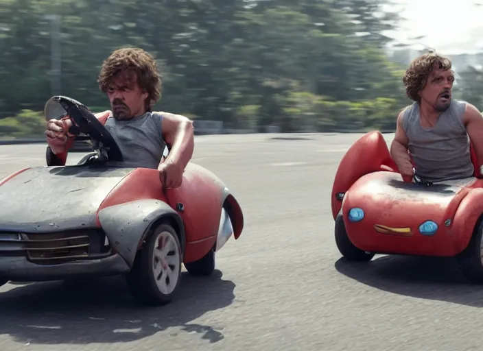 Prompt: peter dinklage driving a little tikes car, racing vin diesel, movie still, explosions in the background, from the new fast and furious movie, 8 k, realistic