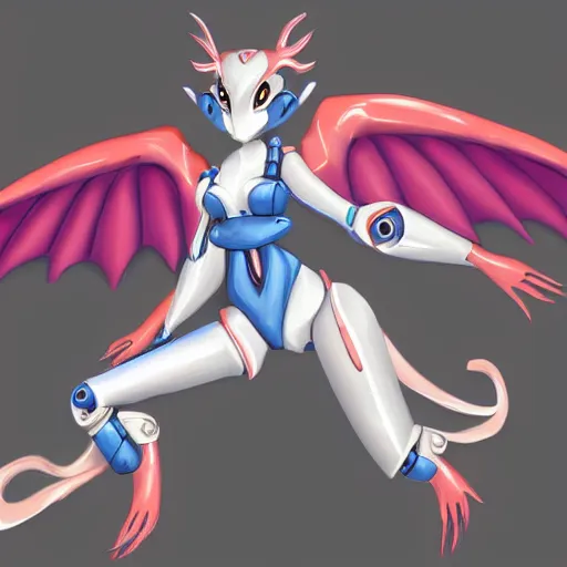 Image similar to full body shot of cute and beautiful anthropomorphic female robot dragon doing an elegant pose for the camera, has two adorable blue eyes, a sleek yet elegant design, with two big epic wings behind her, two arms that have sharp claws, two legs, a long tail behind her; high quality digital art, artstation, deviantart, furaffinity