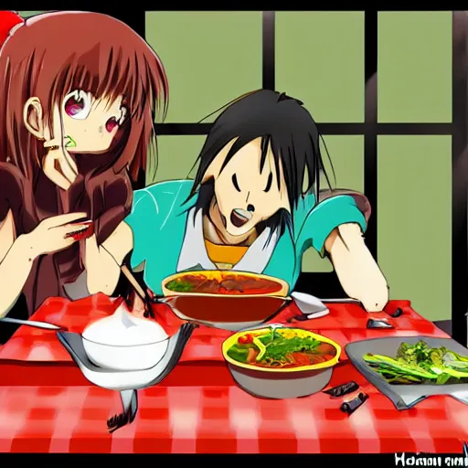 Image similar to anime human meat restaurant, horror, nightmare, cook, food, cooking