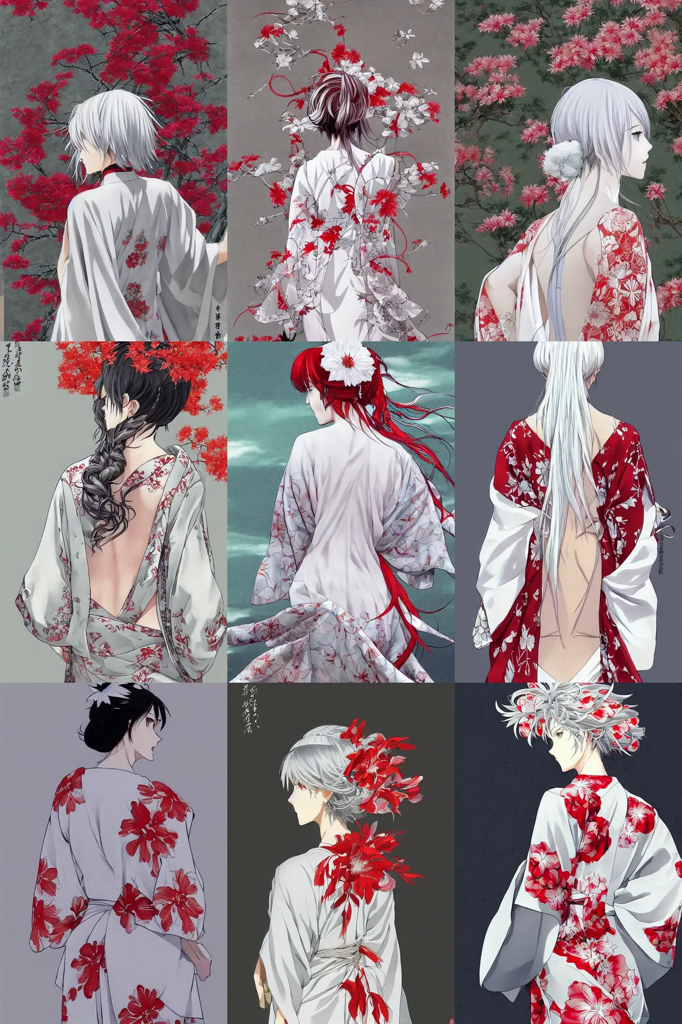 Prompt: beautiful girl, silver hair, white kimono with complex red flower patterns, full body shot from back, looking to camera, showing shoulder, ilustration by Takehiko Inoue ((and Krenz Cushart))