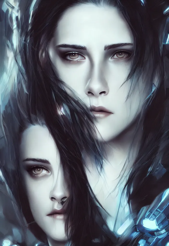 Image similar to portrait cyberpunk Kristen Stewart by Ikeuchi, art by Artgerm, extremely beautiful and proportionate face, sharp focus, hyper detailled, trending on artstation