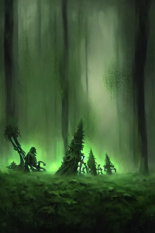 Image similar to four skeletons made of green magic luminous smoke are playing musical instruments. the background is misty forest, full of green swirling smoke, harry potter, death eaters, dementors, craig mullins, albert bierstadt, greg rutkowski, tarkovski, realistic, highly detailed, artstation, early morning, atmospheric, aestetic, moody