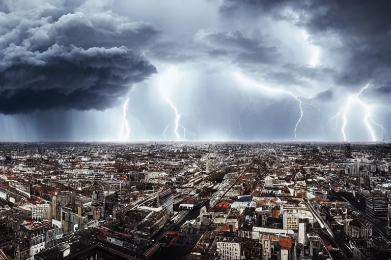 Prompt: thunderstorm approaching a city, clouds, photography, hd, realistic, by karcz, michal, by lacoste, raphael