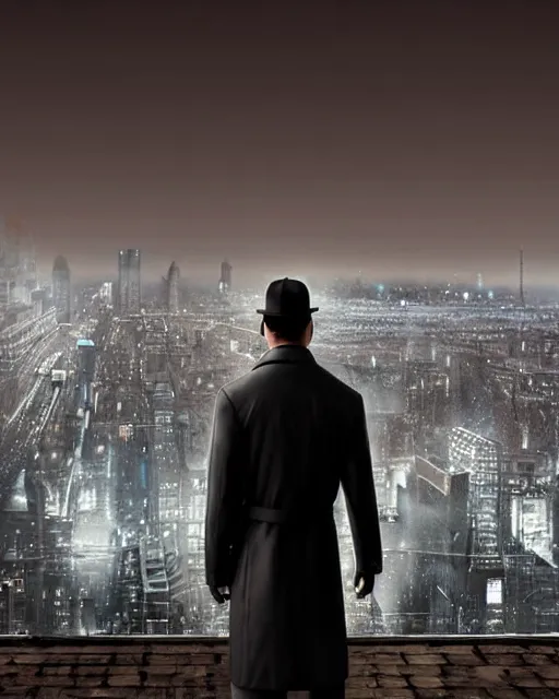 Prompt: extremely detailed night rooftop scene, close up shot of a photorealistic gangster wearing a trench coat looking at the city below, unreal engine, hyper realism, realistic shading, cinematic composition