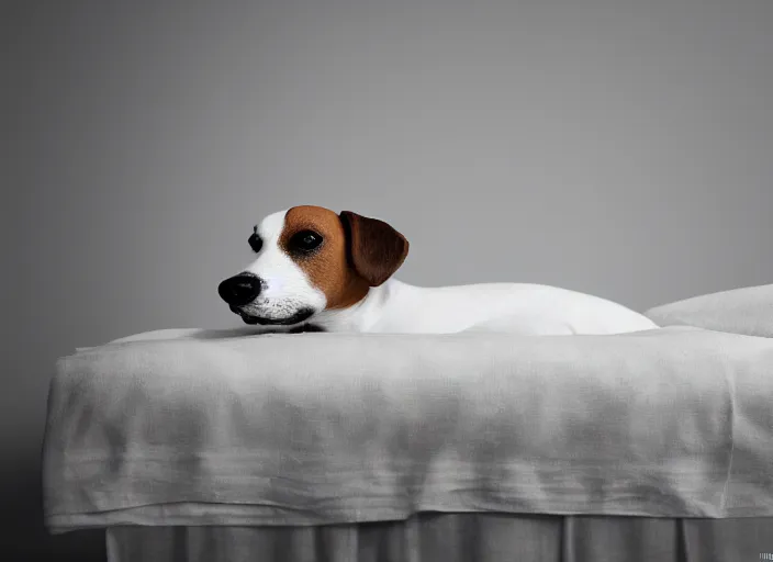 Image similar to photography of a Jack Russel . watching outside the window. on a bed. in a white room. octane render,volumetric light, volumetric fog, photorealistic,, award winning photo, 100mm, sharp, cloth, high res