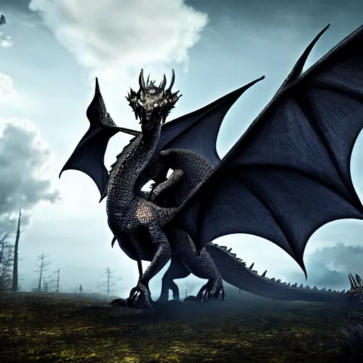 Image similar to black scaled fire - breathing dragon with big wings, forest background, 4 k, cinematic composition, fantasy, extremely detailed, hyperrealism