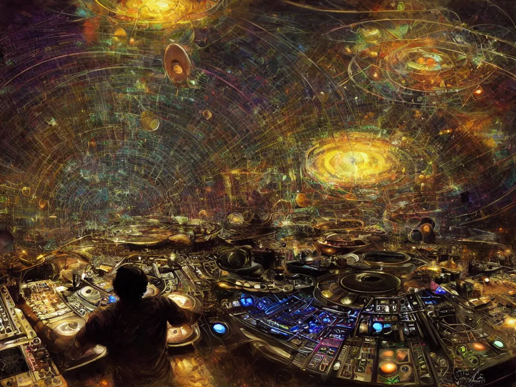 Image similar to an incredible masterpiece of a mystical dj playing a vast array of highly evolved and complex musical technology surrounded by an incredible and complex circular structure in the cosmos, by craig mullins