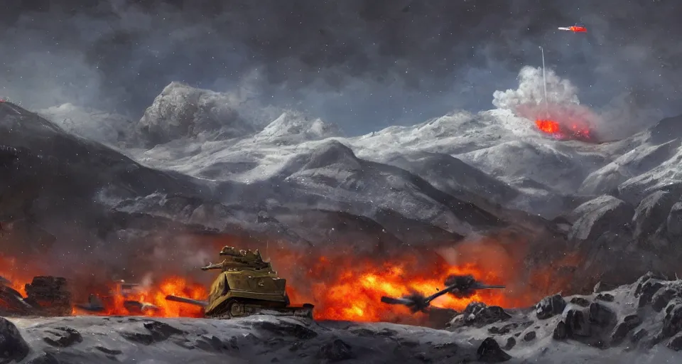 Image similar to snowy mountain, second world war fighting against ufo, aliens, tanks, jet fighters, missiles, with anti aircraft guns, with fire and smoke in the background by eugene von guerard, ivan shishkin, dramatic lighting, concept art, trending on artstation, 8 k