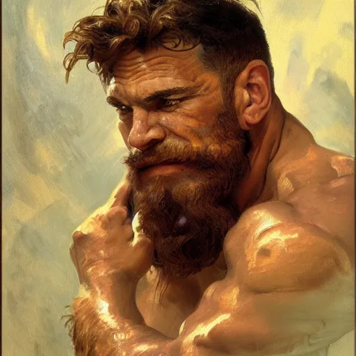 Prompt: painted portrait of rugged popeye the sailor man, greek god, masculine, mature, handsome, upper body, large forearms, muscular, hairy torso, fantasy, intricate, elegant, highly detailed, digital painting, artstation, concept art, smooth, sharp focus, illustration, art by gaston bussiere and alphonse mucha