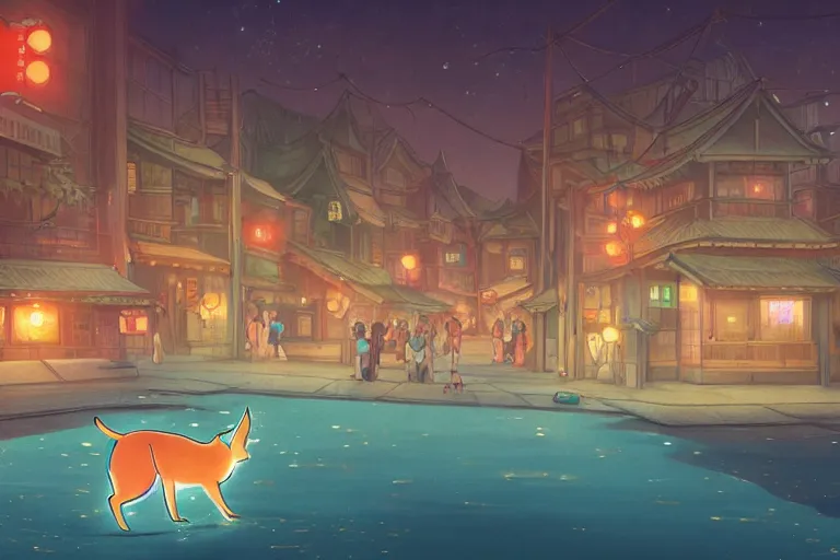 Prompt: fantasy art of glowing cute caracal swimming in the air, in the streets of a japanese town at night, with people watching in wonder, in the style of ponyo, highly detailed digital art, trending on artstation