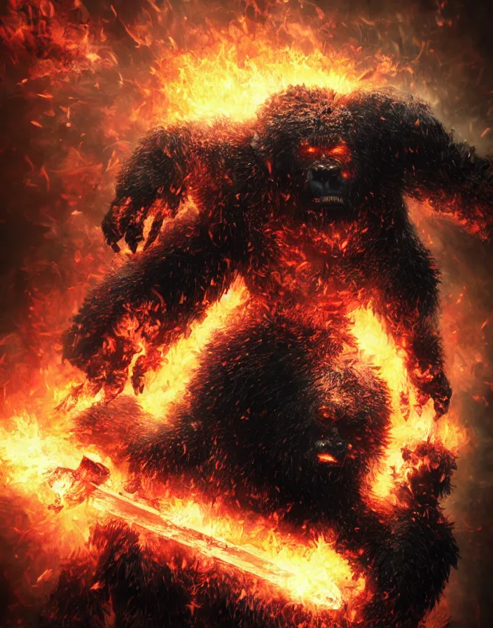 Image similar to folk horror illustration of a Gorilla warrior bursting in flames holding a Lava Sword, dark souls 3 artwork, art by greg rutkowski, art by craig mullins, art by Masanori Warugai, art by Yoshitaka Amano