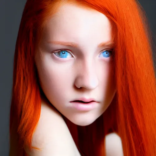 Image similar to portrait of the young lady with red hair, yellow circle pupils, soft skin, front view, 8k, highly detailed, photography