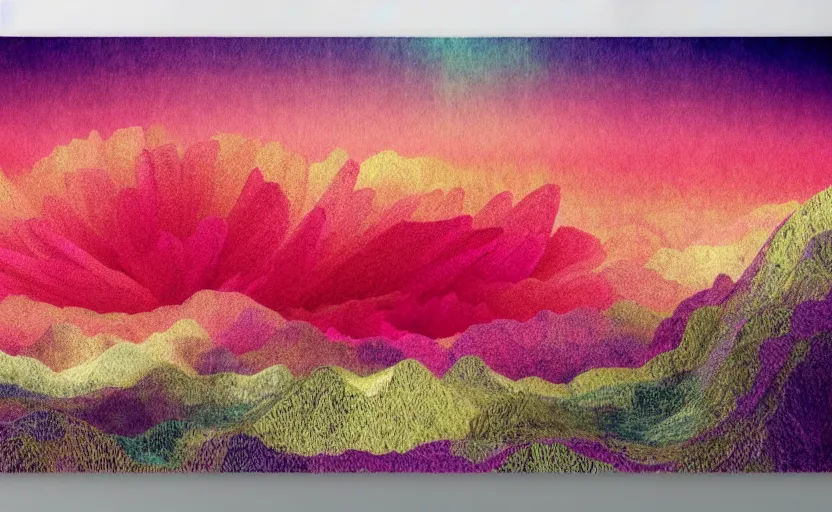 Image similar to one single stand alone huge hyperdetailed minimalist elaborate bloom, seen from the long distance. in paper mountains. maximalist unexpected elements. free sky in plain natural warm tones. 8 x 1 6 k hd mixed media 3 d collage in the style of a childrenbook illustration in pastel tones. matte matte background. no frame hd