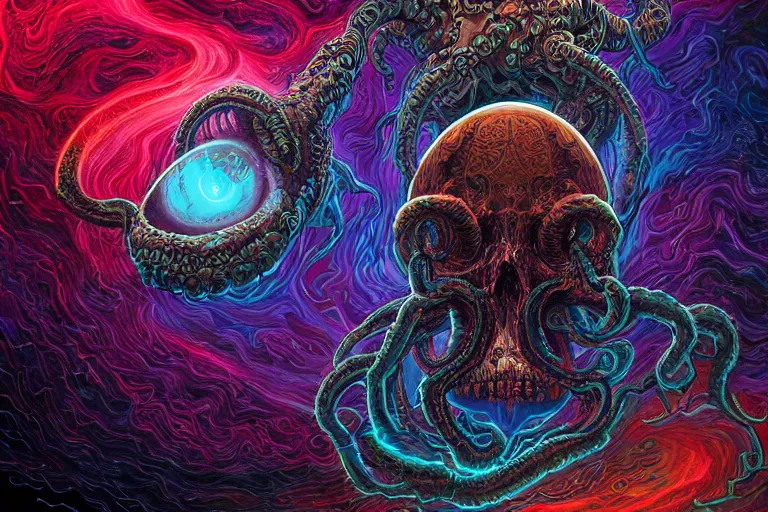 Prompt: a giant skull with intricate rune carvings and glowing eyes with lovecraftian tentacles emerging from a space nebula by dan mumford, smoke trails, digital art, photorealistic, vivid colors, highly detailed, intricate