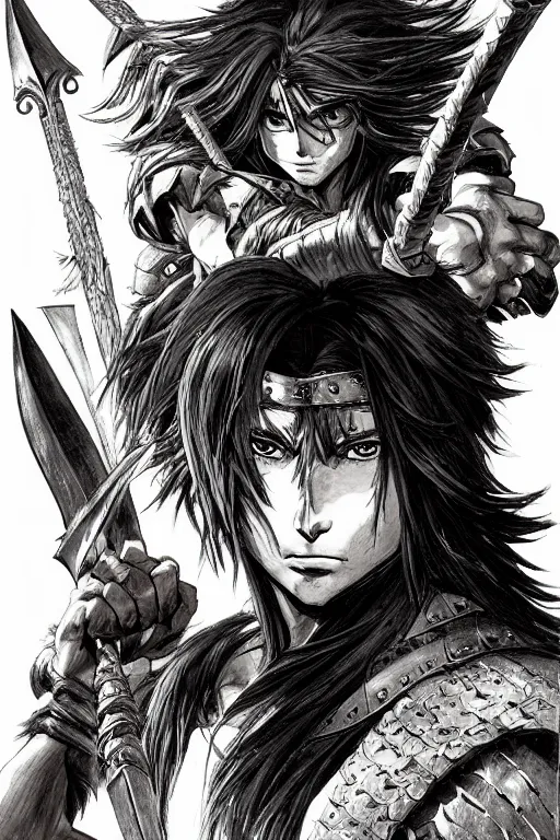 Image similar to A realistic anime portrait of a young handsome male barbarian with long wild hair, intricate fantasy spear, plated armor, vivid colors, colored, D&D, dungeons and dragons, tabletop role playing game, rpg, jrpg, digital painting, by Frank Frazetta and Kentaro Miura, concept art, highly detailed, promotional art, HD, digtial painting, trending on ArtStation, golden ratio, rule of thirds, SFW version