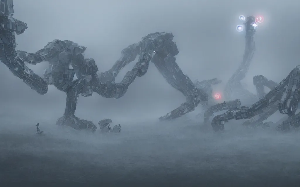 Image similar to giant robot centipede wandering across a foggy landscape