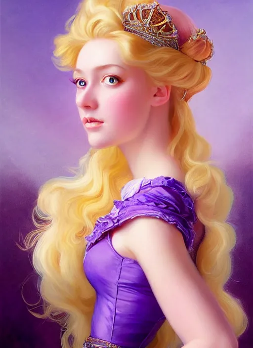 Prompt: peach princess, blonde hair, bright purple ball gown, beautiful face, oil on canvas, art station, beautiful brown eyes, by j. c. leyendecker and edmund blair leighton and charlie bowater, beautiful face, octane, very aesthetically pleasing, stunning beautiful blue eyes, realistic hair