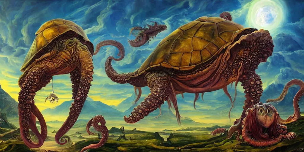 Image similar to fantasy oil painting, great leviathan, cybernetic turtle cephalopod terrapin reptilian pachyderm squid, bella hadid, hybrid, milla jovovich, anubis, epic natural light, lush plants flowers, spectacular mountains, bright clouds, luminous sky, outer worlds, golden hour, michael cheval, edward hopper, michael whelan, vray, hd