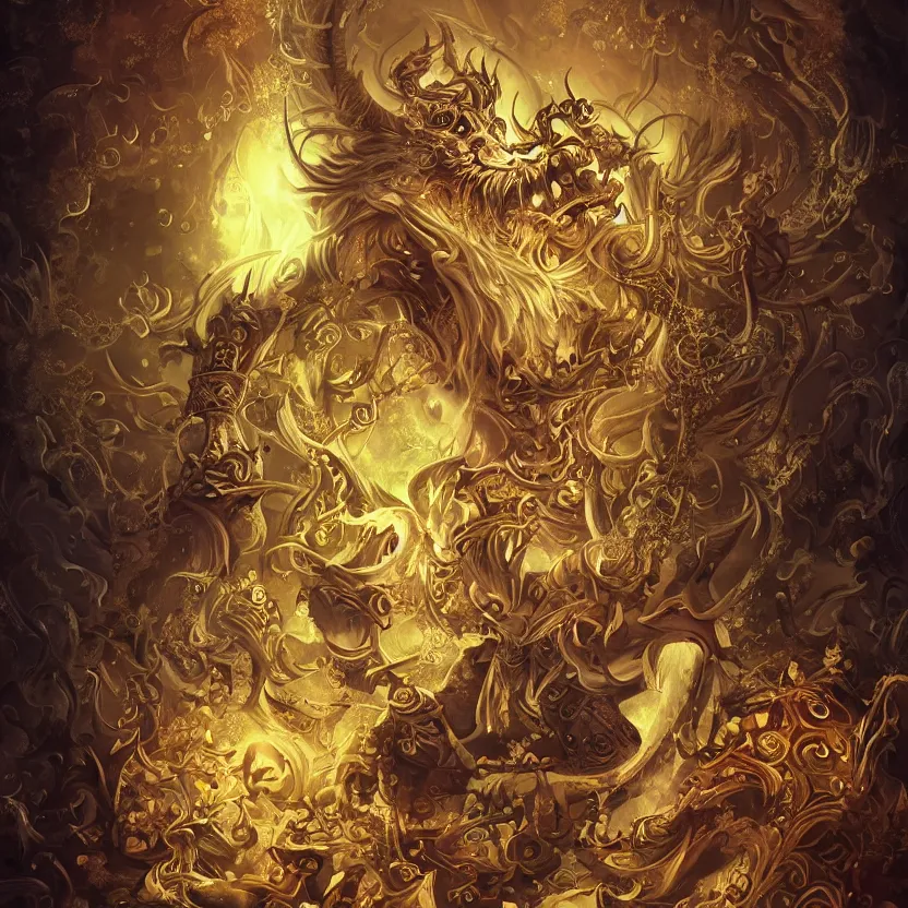 Prompt: barong the balinese demon glowing with magical fairy dust. whimsical fantasy art. award winning painting. highly detailed digital art. high contrast. dark background. beautiful composition. masterpiece. trending on artstation