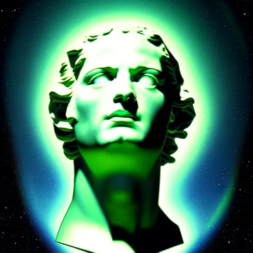 Image similar to 3 d sci - fi cgartist rendering of a hyper realistic marble greek statuary bust floating in space, at the vast pulsating interdimensional fractal space portal at the psychedelic vaporwave ombre event horizon by chris moore, by edward hopper, by col price, trending on artstation
