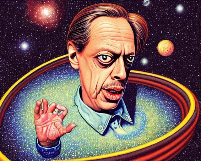 Prompt: steve buscemi floating in a spiral galaxy, cosmic horror painting, elegant intricate digital painting artstation concept art by basil wolverton by robert crumb by william eggleston detailed