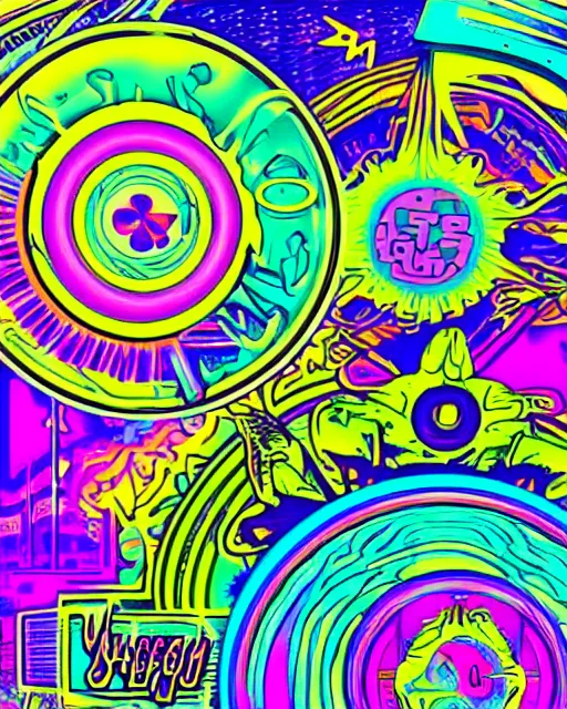 Prompt: psychedelic sticker art, in synthwave vaporwave cyberpunk 6 0 s acid trippy style