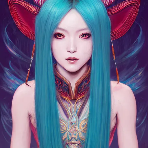 Image similar to a beautiful portrait of hatsune miku with teal colored hair with deep red highlights as an ancient chinese sorceress, space fantasy, in the style of magic the gathering, intricate, elegant, highly detailed, digital painting, artstation, concept art, matte, sharp focus, illustration, art by greg rutkowski and alphonse mucha