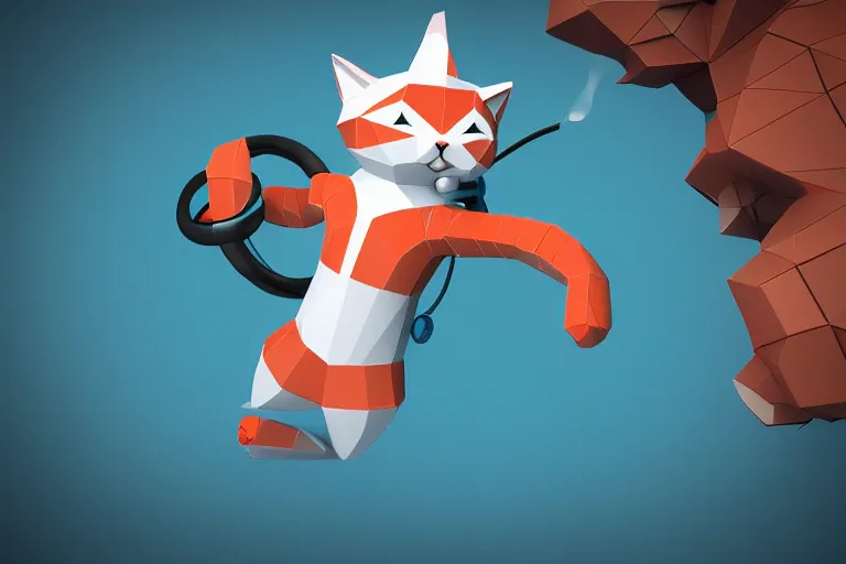 Prompt: a cat dressed as a scuba diver swimming underwater, low poly, render, blender, low polygon, creepy, vast,