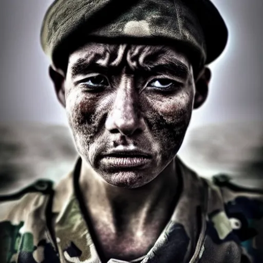 Image similar to soldier!!!!! portrait!!!!! pain, eyes, shoulders, sadness, soft focus, national geographic