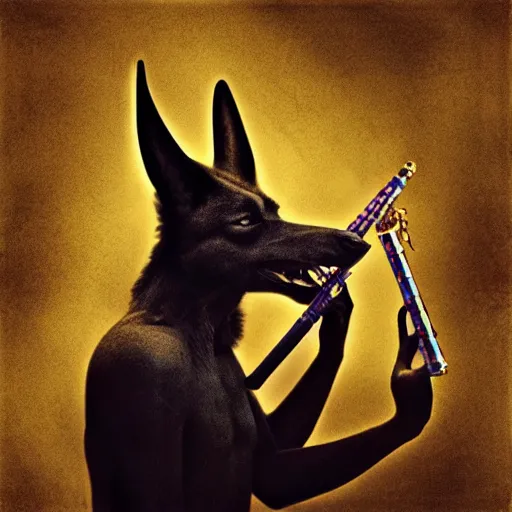 Image similar to Anubis playing a recorder, in the style of Lee Jeffries