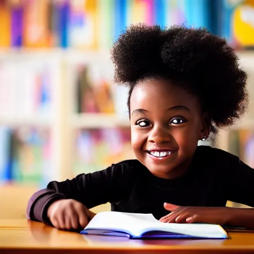 Image similar to stunning, coherent, impressive, detailed still of happy black little girl in school sitting on desk, follow shot, 3d, in the style of pixar, comic book style, 3d, highly detailed, sharp focus, bokeh, depth of field, 16k resolution, Unreal Engine 5, coherent, cinematic lighting, photorealistic, by Zhang Jingna