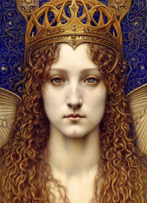 Image similar to detailed realistic beautiful young medieval queen face portrait by jean delville, gustave dore and marco mazzoni, art nouveau, symbolist, visionary, gothic, pre - raphaelite. horizontal symmetry