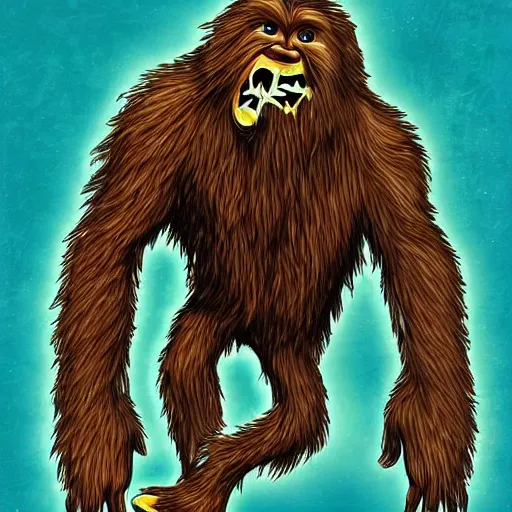 Image similar to A Sasquatch, Big Foot rocking out to heavy-metal-music, dancing and headbanging, digital art